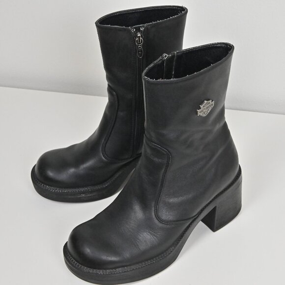 Harley-Davidson Shoes - Harley Davison Leather Mid Calf Moto Biker Riding Zip Up Black Boots US6.5 UK4.5